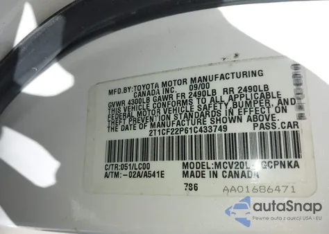 2001 Toyota Camry Solara Sle V6 from USA, damaged, VIN 2T1CF22P61C433749